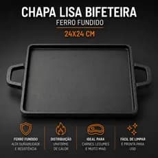 Chapa Bifeteira Ferro Fundido Santana 24x24 com Alça para Carnes Porções Fogão Indução Churrasqueira