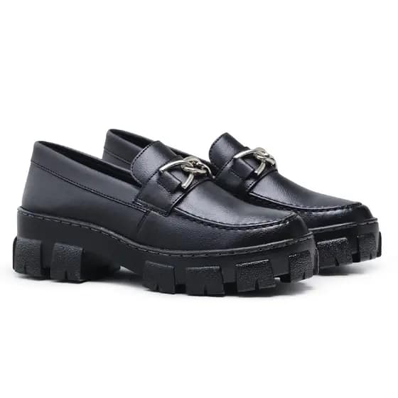 Mocassim Feminino Oxford Tratorado Blogueira Corrente Fivela Preto Sapato