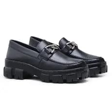 Mocassim Feminino Oxford Tratorado Blogueira Corrente Fivela Preto Sapato