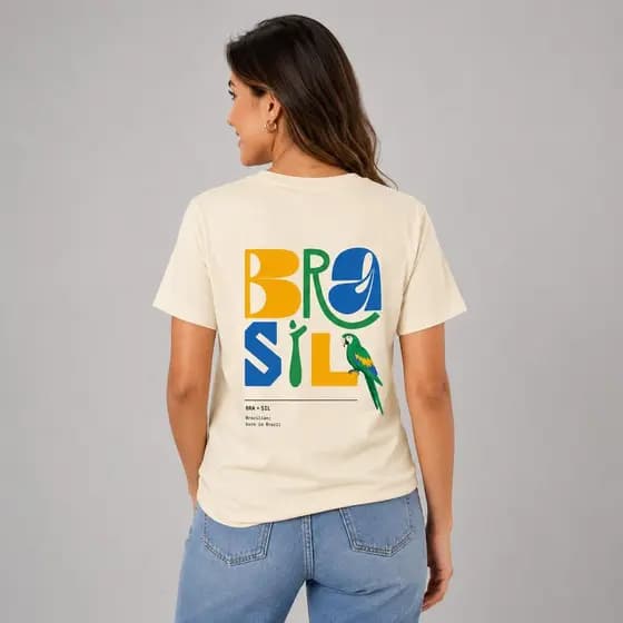 Camiseta Feminina Brasil Copa Off White Estilosa Estampada Algodão