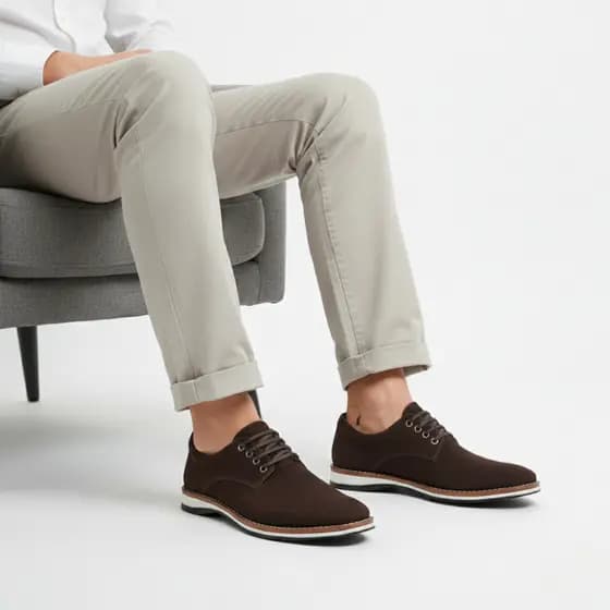 Sapato Social Masculino Couro Camurça Café Cadarços Homem Look Casual Moderno