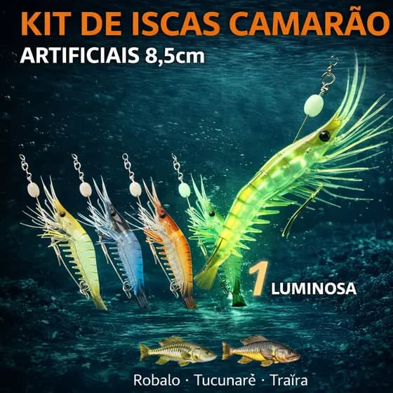 Kit 20 Iscas Camarão Artificiais Luminosas 8,5cm Atraem Mais Peixes Robalo Tucunaré Traíra