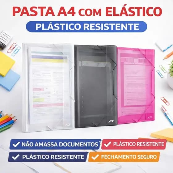 Pasta A4 com Elástico Plástica Resistente Escolar Escritório Cristal Fumê Rosa