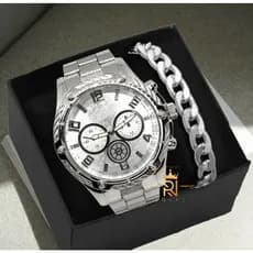 Conjunto Relógio Masculino Mais Pulseira Aço inox Banhado