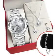 Relógio feminino Prata + colar e Brincos mais Pulseira feminina relógio de aço inox