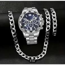 Relógio masculino prateado + corrente e pulseira de 6mm relogio grande  relógio resistente para homens relogio de aço