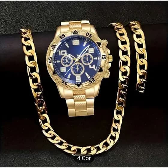 Relógio Masculino Dourado Original Barato + Corrente Masculina Pulseira 6MM Relógio Masculino Dourado Original Barato
