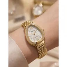 Relógio Feminino Oval Formato Cobra Pulseira Flexível Dourado Relógio Gota Com Pedras Luxo