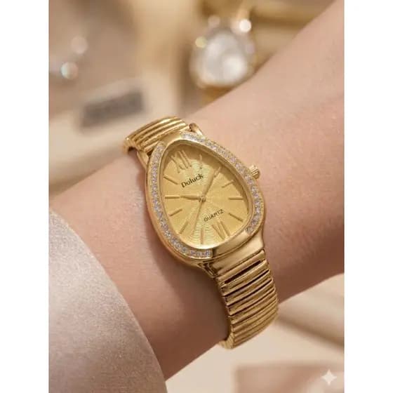Relógio Feminino c/ Pedraria Oval Formato Cobra Pulseira Flexível Dourado Relógio Gota Pedras Cristal Luxo