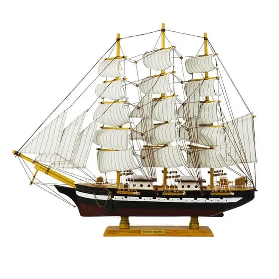 Miniatura Navio Veleiro Madeira Casco Preto Velas Brancas
