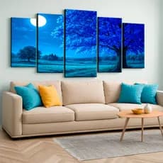 Quadro Decorativo Árvore Azul Paisagem Lua Sala Mdf 115x60