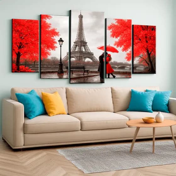 Quadro Decorativo Casal Paris Vermelho Torre Mdf 3mm 115x60