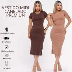 Vestido Feminino Mídi Canelado Manga Curta com Fenda Lateral Básico Casual e Elegante