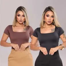 Kit 2 Blusas Femininas Suplex Decote Quadrado Manga Curta Forro Duplo Baby Tee Basica Blusinhas