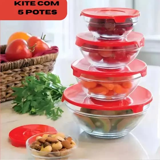 Conjunto 5 Potes de Vidro Com Tampa  Tampa congelamneto Hermetico Conjunto Vasilha Jogo kite Marmita
