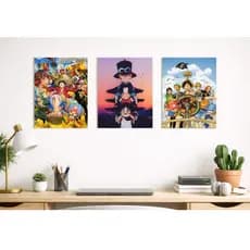 Kit 3 Quadros One Piece MDF 21x15cm Decoração Geek Anime para Quarto e Sala com Fita Dupla Face