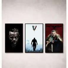 Kit 3 Quadros Vikings MDF 21x15cm Decoração Geek para Quarto e Sala com Fita Dupla Face