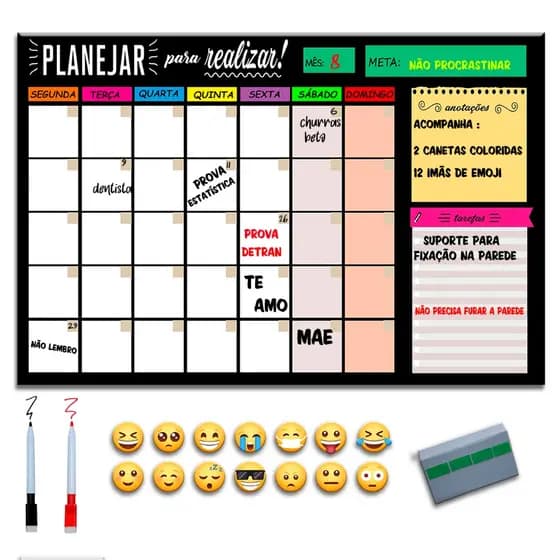 Quadro Planejamento Lousa Planner Agenda 40x60 cm + 12 Imãs e 2 Canetas