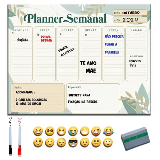 Quadro Lousa Planejador Mensal / Planejamento Semanal Planner 40x60 metal com 12 Imãs e 2 Canetas com Apagador