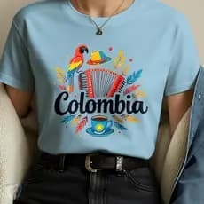 Camiseta Estampada Colombia – Arte Colorida com Café, Acordeón e Arara