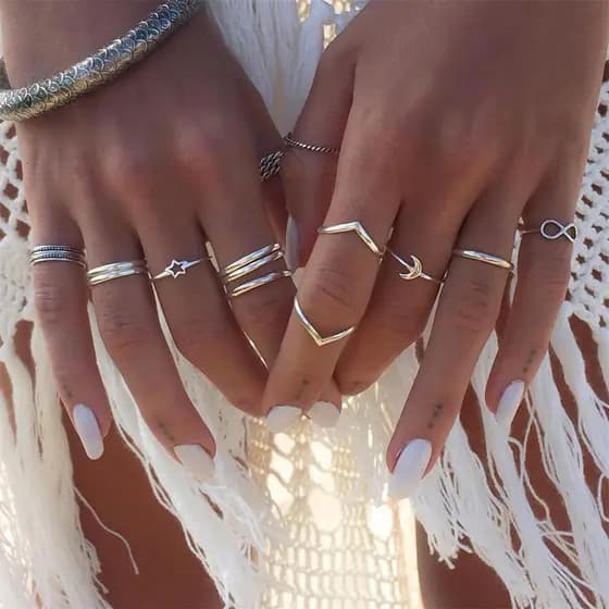 Conjunto de anel feminino 12 estrelas de prata antigas europeias e americanas boêmias lua geométrica anel
