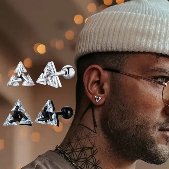 Brincos masculinos, brincos de zircônia de cristal perfurado em triângulo, brincos minimalistas minúsculos de aço inoxidável para joias masculinas e femininas