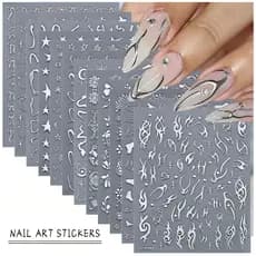 12 Cartelas de Unhas Grandes Prata – Desenhos Variados e Brilho Elegante - Nail Art