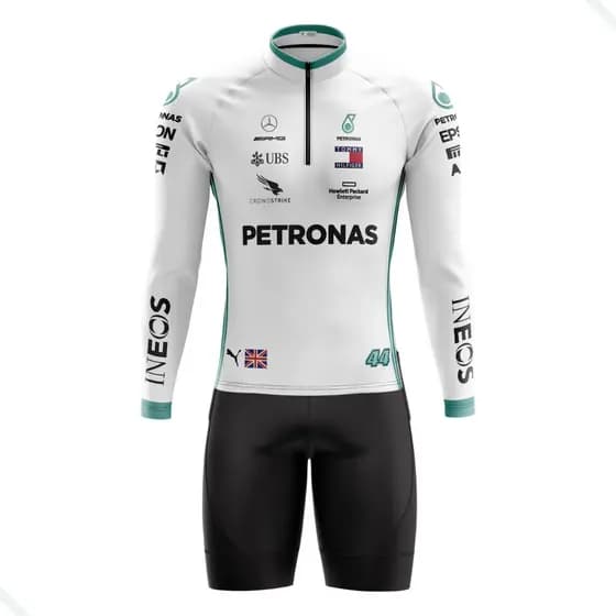 CONJUNTO CICLISMO MASCULINO BERMUDA E CAMISA MANGA LONGA F1 BRANCA COM BOLSOS UV 50+