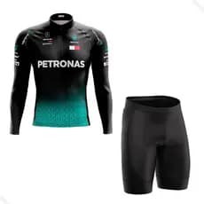 CONJUNTO CICLISMO MASCULINO BERMUDA E CAMISA MANGA LONGA PETRONAS COM BOLSOS UV 50+