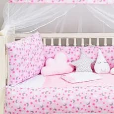 KIT BERÇO ESTRELA LUA 13 PEÇAS ROSA CLARO SAIA BOX MENINA