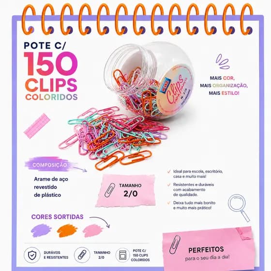 150 Clips Colorido para Papel nº2/0 pote tons pasteis
