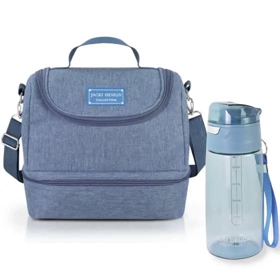 Bolsa Térmica Marmita Lancheira Necessaire 2 Divisórias Compartimentos + Garrafa Squeeze Água com Trava e Alça