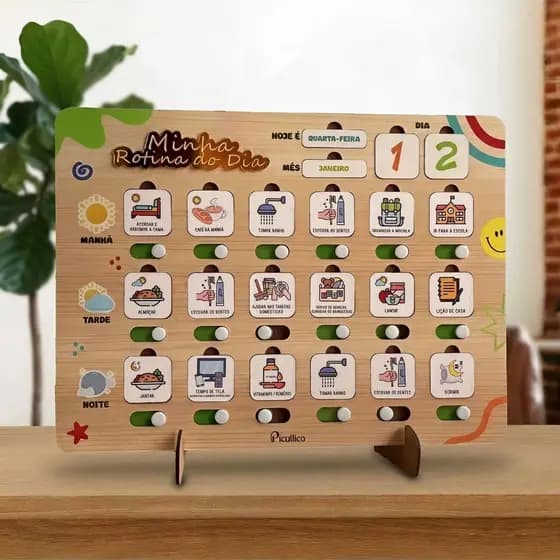 Quadro de Rotina Diária Infantil MDF Educativo Montessori Tarefas Incentivo Organização Acompanha 20 Tags + Jogo