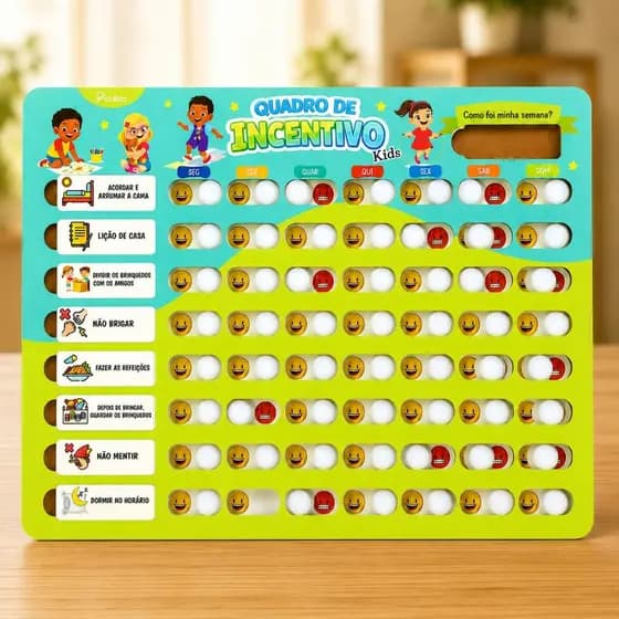 Quadro de Incentivo Infantil Educativo MDF Rotina Tarefas e Deveres Recompensa Comportamento Reforço Positivo Picullico