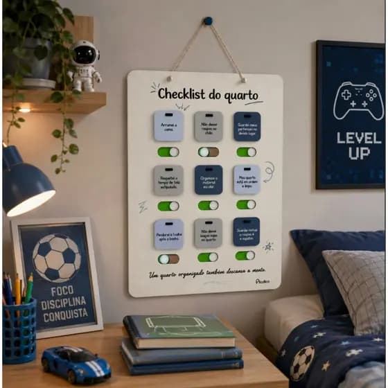 Quadro Checklist Organização Quarto Infantil MDF Educativo Montessori Incentivo Tarefas Hábitos Menino Menina Picullico