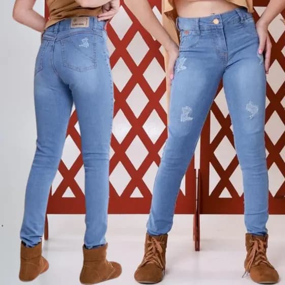 Calça feminina skinny jeans menina com bolso elastano