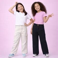 Calça Cargo Sarja Jeans Wide Leg Feminina Juvenil 10 ao 16 Com Bolsos Laterais