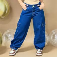 Calça Jeans Cargo Com Bolsos Feminina Infantil Juvenil