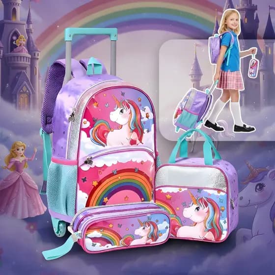 Kit Mochila Escolar Unicórnio Menina Cor Rosa Bolsa Costas Kit Infantil Completo Lancheira Estojo tecido Reforçado
