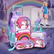 Kit Mochila Escolar Unicórnio Menina Cor Rosa Bolsa Costas Kit Infantil Completo Lancheira Estojo tecido Reforçado