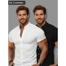 Kit Com 2 Camisa Social Masculina Slim Manga Curta Gola Padre  Escritório Camisa Que Não Amassa