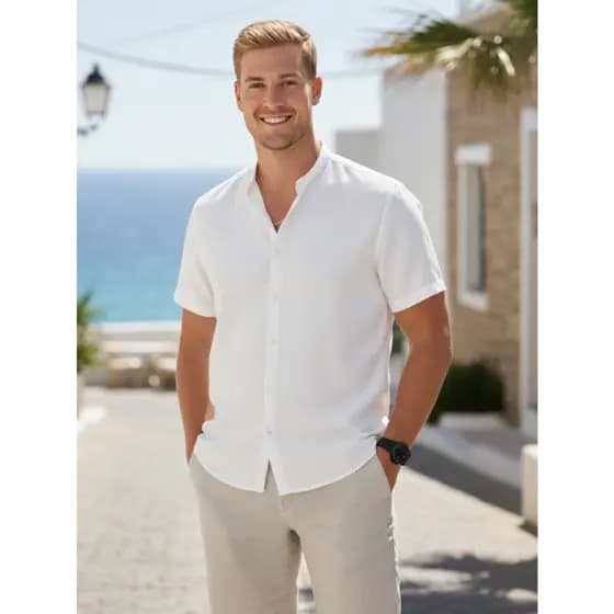 Camisa Social Masculina Slim Manga Curta Premium Gola Padre Camisa  Que Não Amassa Camisa