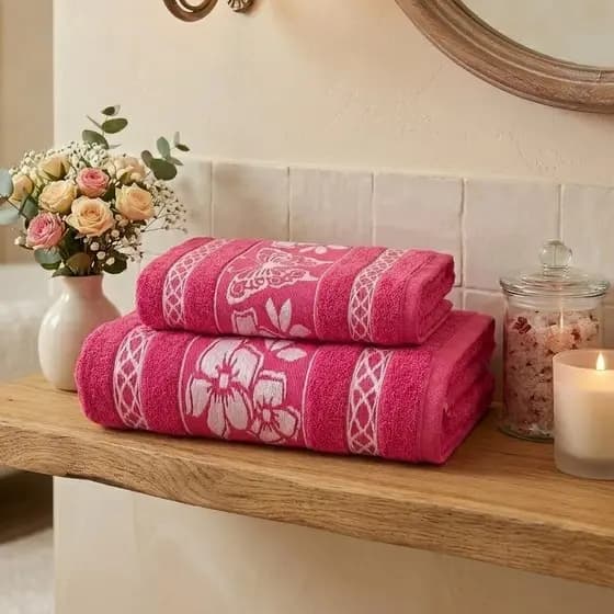 Toalha de Banho Rosa 100% Algodão Kit Com 1 Toalha de Banho e 1 de Rosto - 150 x 70 cm