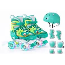 Patins Quad Dinossauro 4 Rodas Infantil Tamanho Ajustável Com Rodinhas de LED c/ Bolsa para transporte + KIT PROTEÇAO