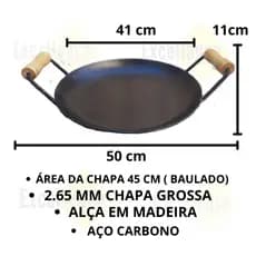 Disco 41 CM Chapa de Arado Bifeira Aço Rústico Reforçado com Alças Grande Paella Paeja