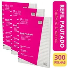 KIT 3 Refil Compativel Caderno Inteligente Grande 200x275mm Refil Caderno de 11 Discos Furos 300fls