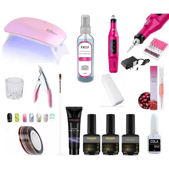 Kit Manicure Iniciante De Unha Completo Gel Acrigel Acrilico Fibra Porcelana De Unhas Cabine Estufa Sun Mini + Lixa Lixadeira Eletrica