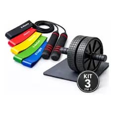 Kit 3 Em 1 Treino academia  pilates Completo Roda Abdominal Dupla Corda Ajustável Faixas Elásticas 5 Níveis Profissional