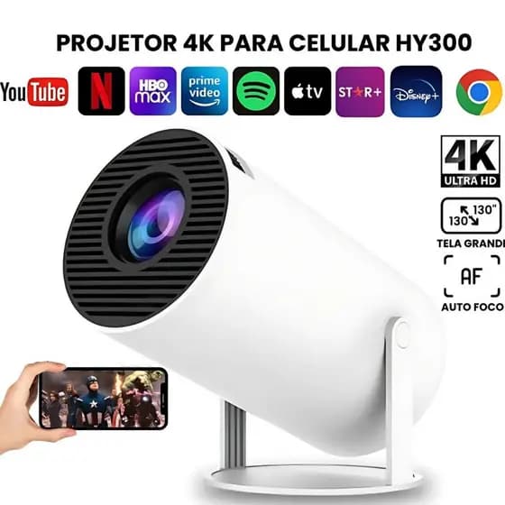 Projetor HY300 Original Portátil (601300) Smart Android 11 4K Ultra HD HDMI Wifi Bluetooth Alto Falante Embutido