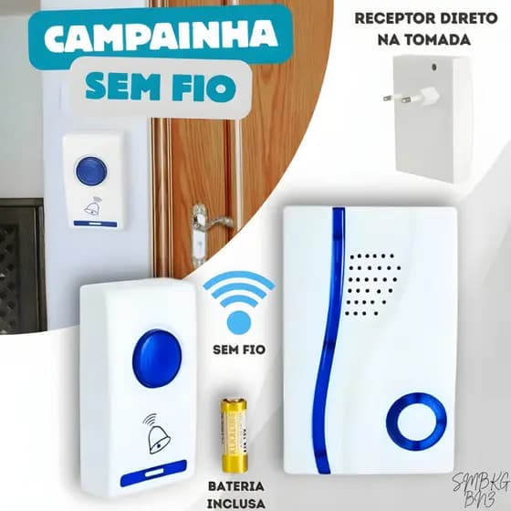 Campainha Sem Fio com Transmissor (900650) Resistente Tomada até 100 metros Som Alto Residencial Comercial